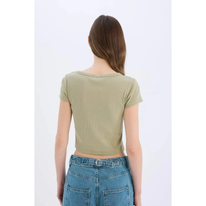 Defacto E0290 Haki Coool Fitted Fitilli Kaşkorse Basic Düz Kısa Kollu Tişört