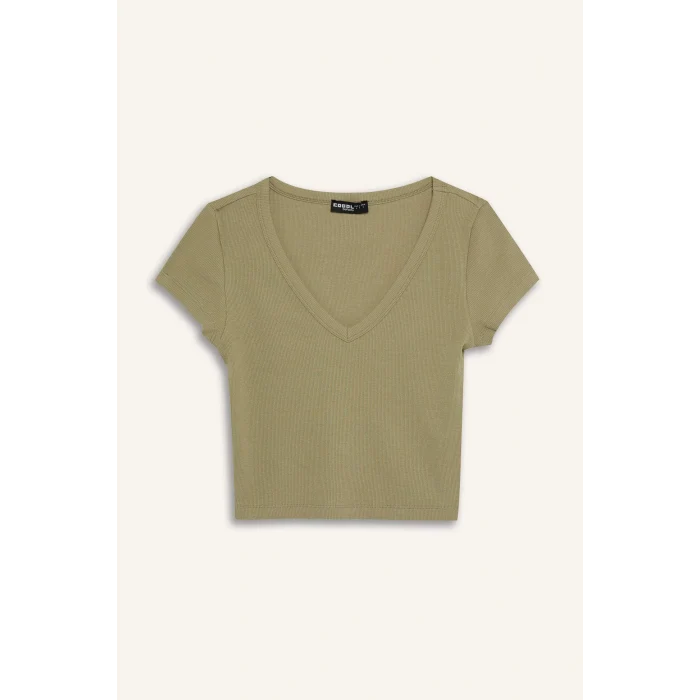 Defacto E0290 Haki Coool Fitted Fitilli Kaşkorse Basic Düz Kısa Kollu Tişört