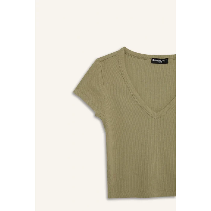 Defacto E0290 Haki Coool Fitted Fitilli Kaşkorse Basic Düz Kısa Kollu Tişört