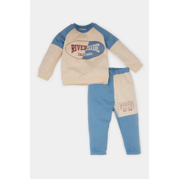 Defacto E0324 Mavi Erkek Bebek 2li Takım Bisiklet Yaka Baskılı Sweatshirt Beli Lastikli Eşofman Altı