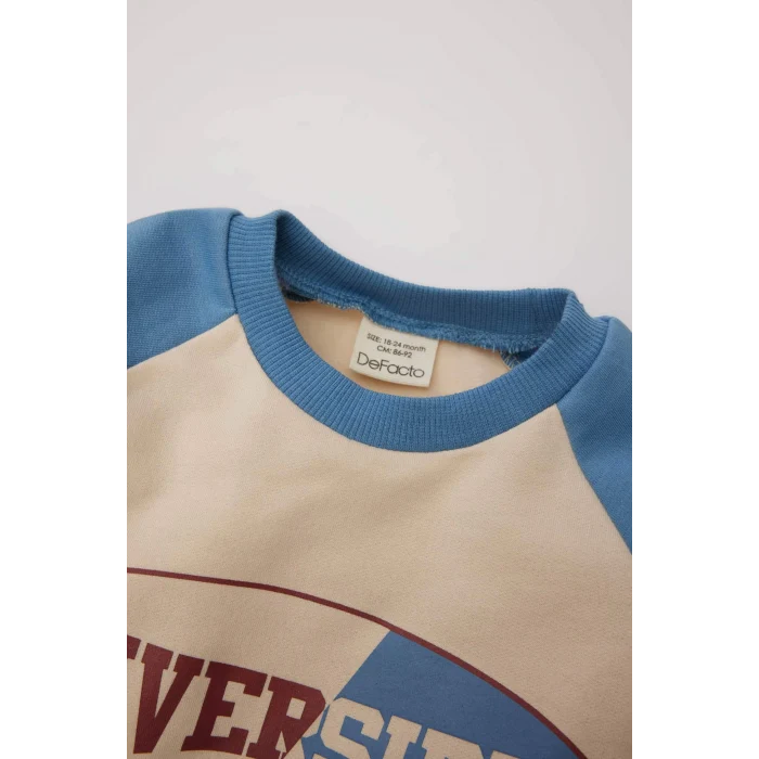 Defacto E0324 Mavi Erkek Bebek 2li Takım Bisiklet Yaka Baskılı Sweatshirt Beli Lastikli Eşofman Altı