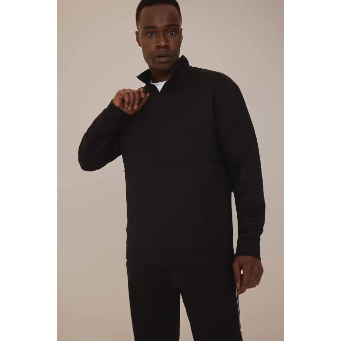 Defacto D7305 Siyah DeFactoFit Standart Fit Dik Yaka Fermuarlı Skuba Dalgıç Kumaş Sporcu Sweatshirt