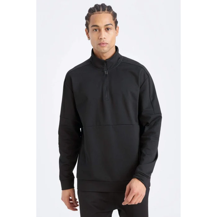 Defacto D7305 Siyah DeFactoFit Standart Fit Dik Yaka Fermuarlı Skuba Dalgıç Kumaş Sporcu Sweatshirt