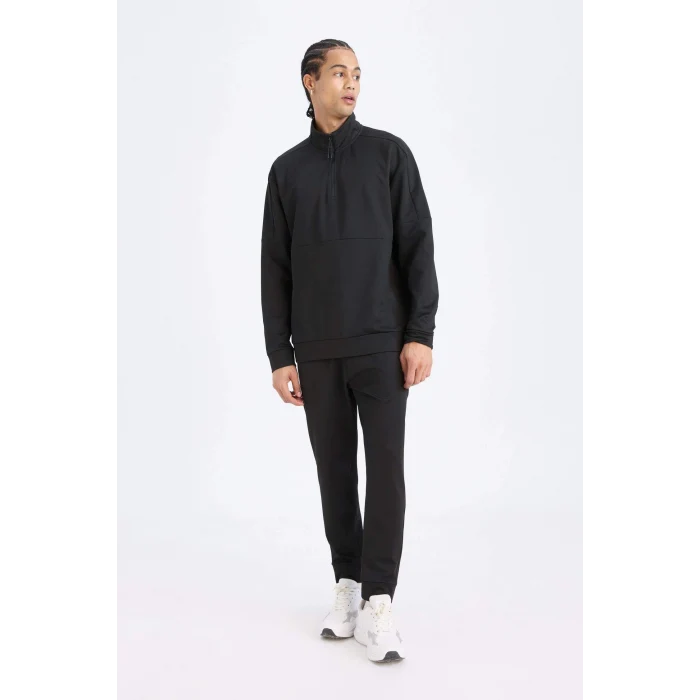 Defacto D7305 Siyah DeFactoFit Standart Fit Dik Yaka Fermuarlı Skuba Dalgıç Kumaş Sporcu Sweatshirt