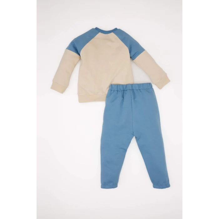 Defacto E0324 Mavi Erkek Bebek 2li Takım Bisiklet Yaka Baskılı Sweatshirt Beli Lastikli Eşofman Altı