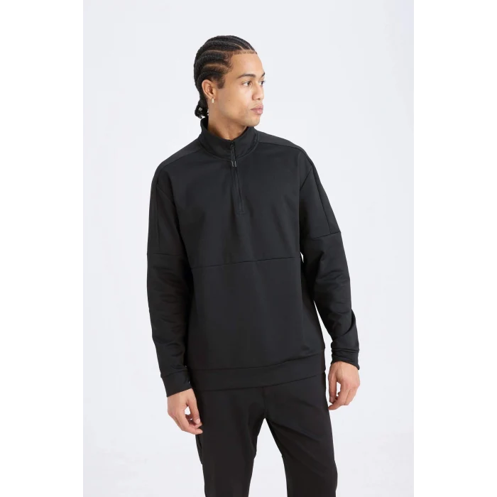 Defacto D7305 Siyah DeFactoFit Standart Fit Dik Yaka Fermuarlı Skuba Dalgıç Kumaş Sporcu Sweatshirt