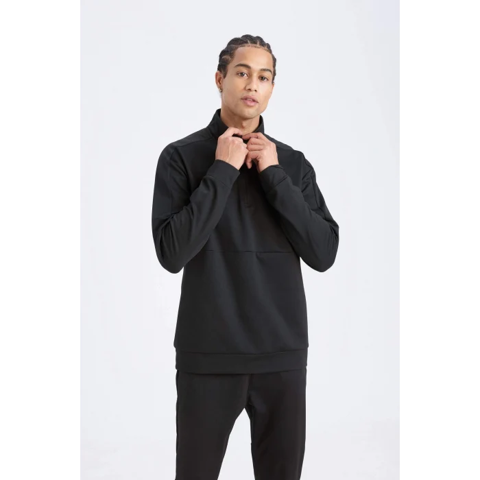 Defacto D7305 Siyah DeFactoFit Standart Fit Dik Yaka Fermuarlı Skuba Dalgıç Kumaş Sporcu Sweatshirt