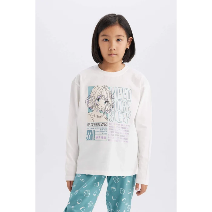 Defacto E0531 Ekru Kız Çocuk Pijama Takımı Uzun Kollu Üst Esnek Belli Uzun Alt