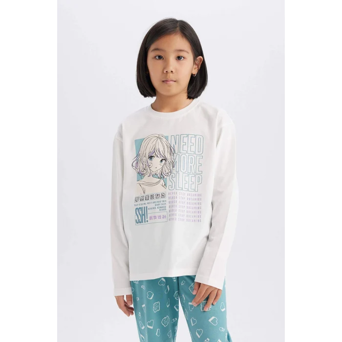 Defacto E0531 Ekru Kız Çocuk Pijama Takımı Uzun Kollu Üst Esnek Belli Uzun Alt