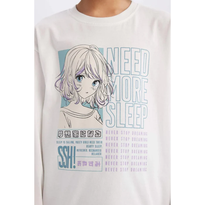 Defacto E0531 Ekru Kız Çocuk Pijama Takımı Uzun Kollu Üst Esnek Belli Uzun Alt