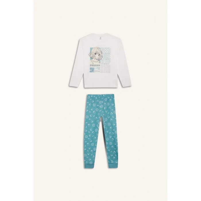 Defacto E0531 Ekru Kız Çocuk Pijama Takımı Uzun Kollu Üst Esnek Belli Uzun Alt