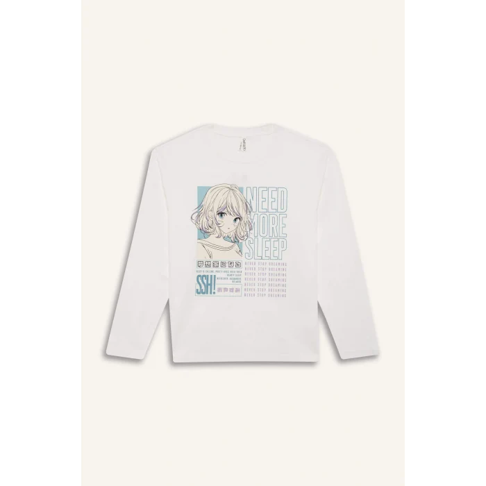 Defacto E0531 Ekru Kız Çocuk Pijama Takımı Uzun Kollu Üst Esnek Belli Uzun Alt