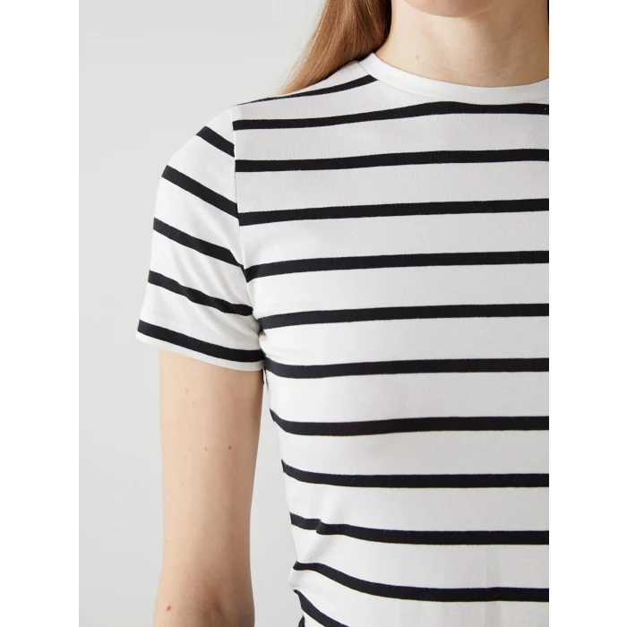 LCW Vision Siyah Bisiklet Yaka Çizgili Kadın Tişört