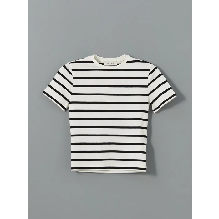 LCW Vision Siyah Bisiklet Yaka Çizgili Kadın Tişört