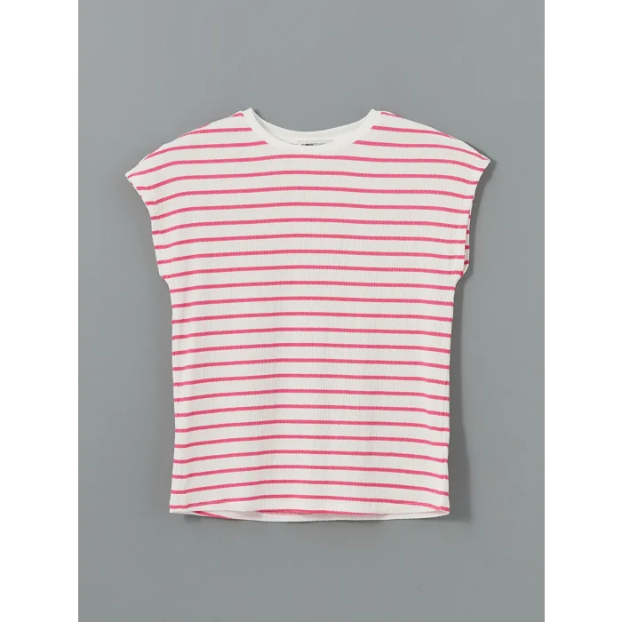 LCWAIKIKI Classic Pembe Bisiklet Yaka Çizgili Kadın Tişört