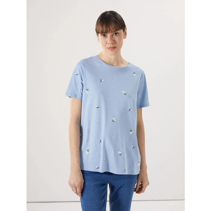 LCWAIKIKI Classic Mavi Bisiklet Yaka Desenli Kadın Tişört