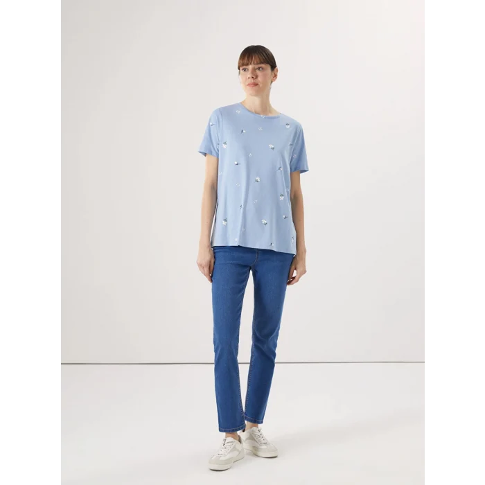 LCWAIKIKI Classic Mavi Bisiklet Yaka Desenli Kadın Tişört