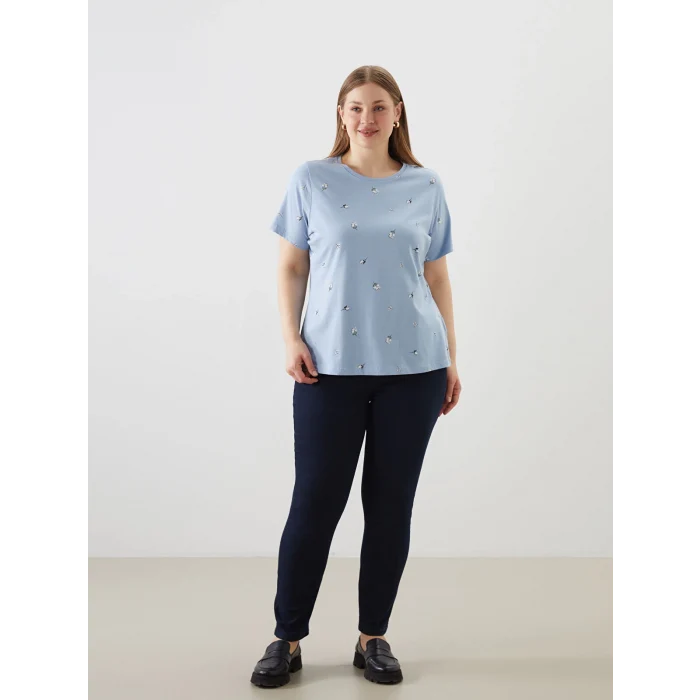 LCWAIKIKI Classic Mavi Bisiklet Yaka Desenli Kadın Tişört