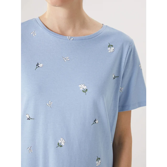 LCWAIKIKI Classic Mavi Bisiklet Yaka Desenli Kadın Tişört