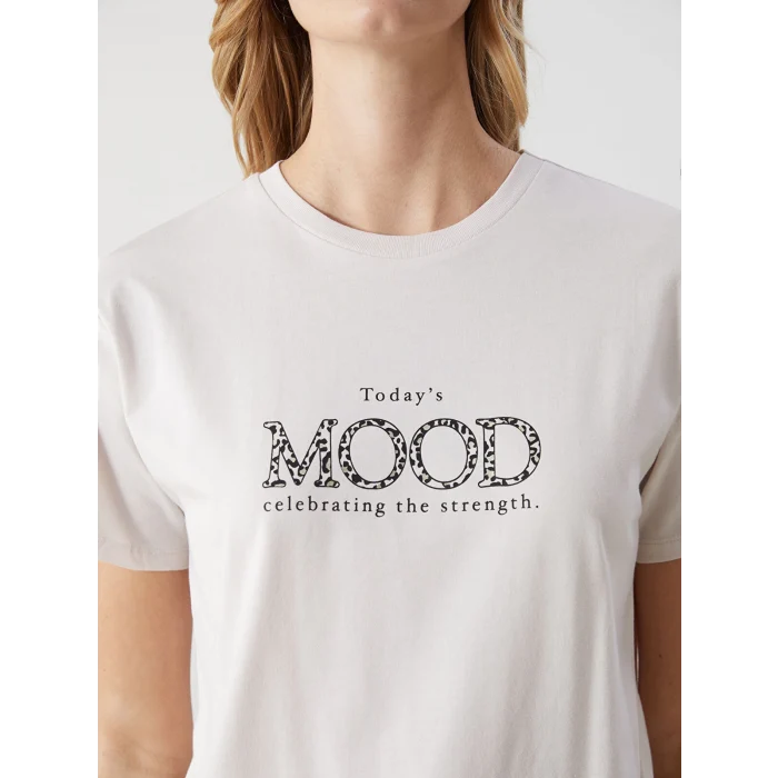 LCW Vision Bej Bisiklet Yaka Baskılı Kadın Tişört