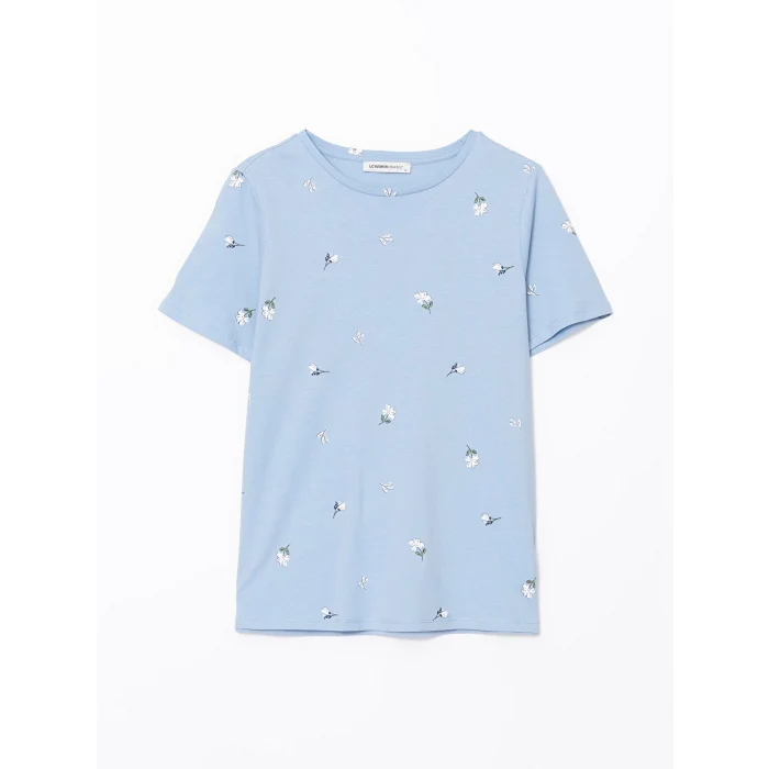 LCWAIKIKI Classic Mavi Bisiklet Yaka Desenli Kadın Tişört