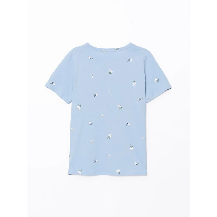 LCWAIKIKI Classic Mavi Bisiklet Yaka Desenli Kadın Tişört