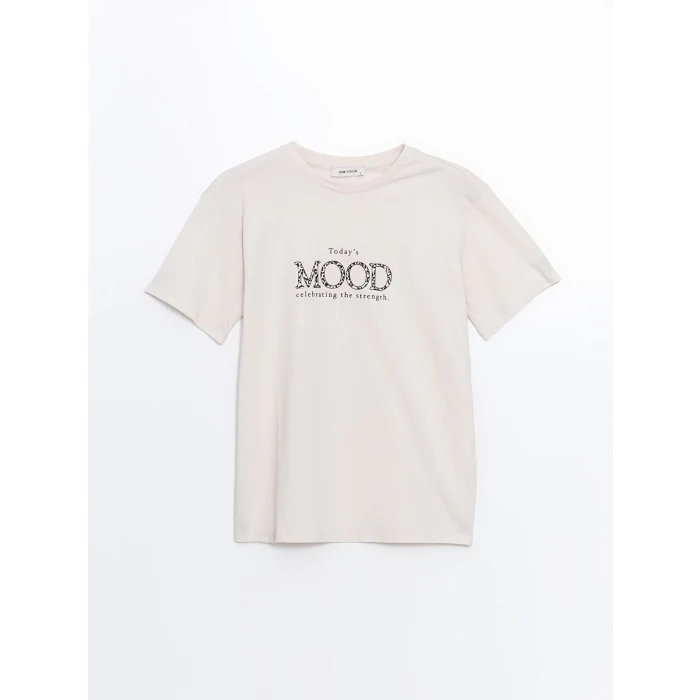 LCW Vision Bej Bisiklet Yaka Baskılı Kadın Tişört