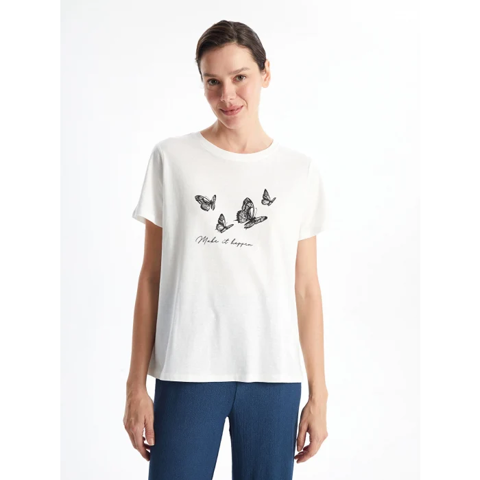 LCWAIKIKI Classic Ekru Bisiklet Yaka Baskılı Kadın Tişört