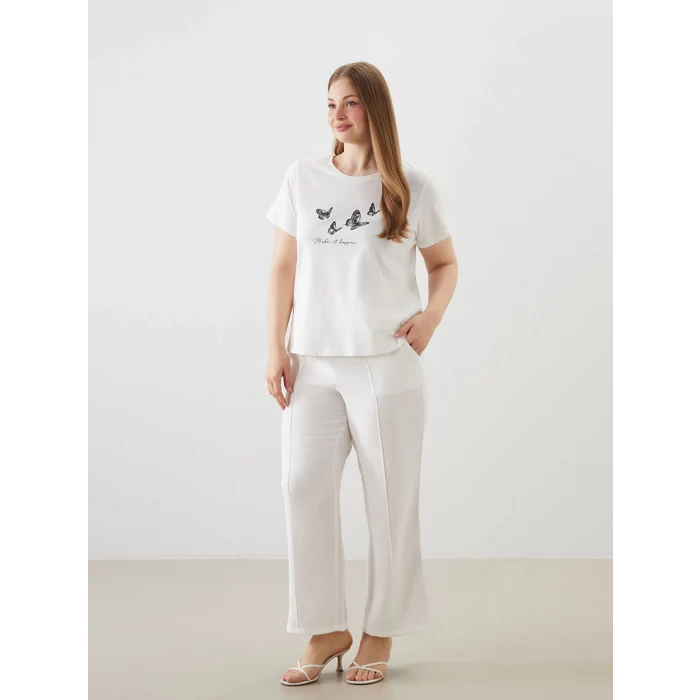 LCWAIKIKI Classic Ekru Bisiklet Yaka Baskılı Kadın Tişört