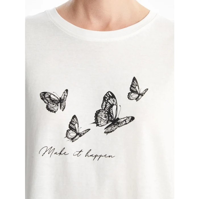 LCWAIKIKI Classic Ekru Bisiklet Yaka Baskılı Kadın Tişört