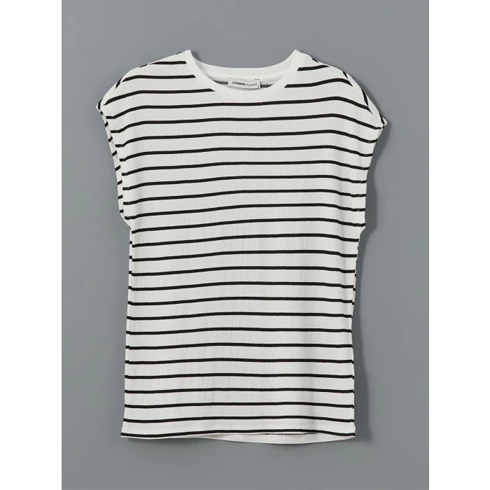 LCWAIKIKI Classic Siyah Bisiklet Yaka Çizgili Kadın Tişört