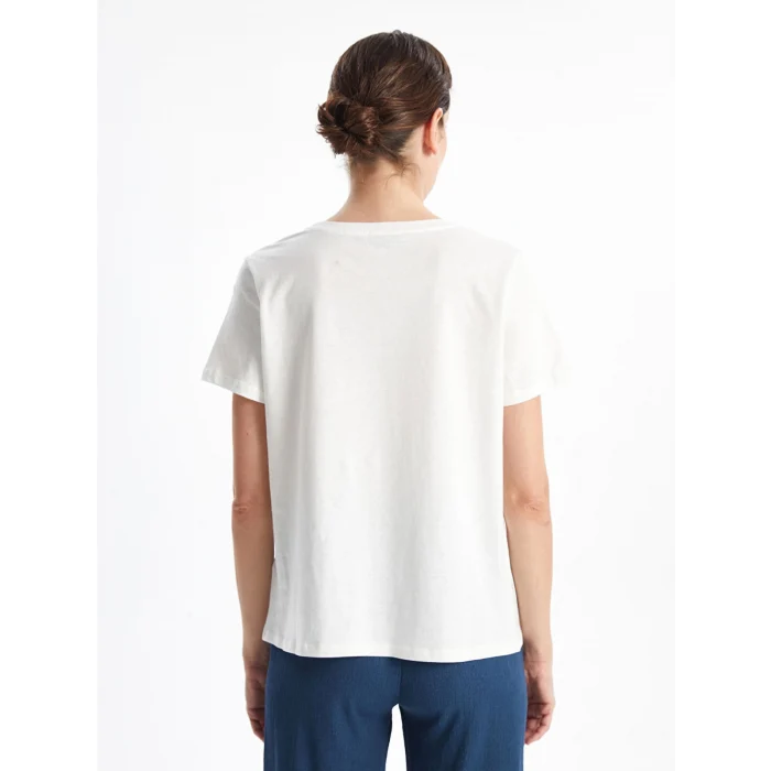 LCWAIKIKI Classic Ekru Bisiklet Yaka Baskılı Kadın Tişört