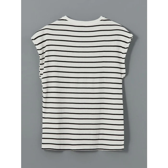 LCWAIKIKI Classic Siyah Bisiklet Yaka Çizgili Kadın Tişört