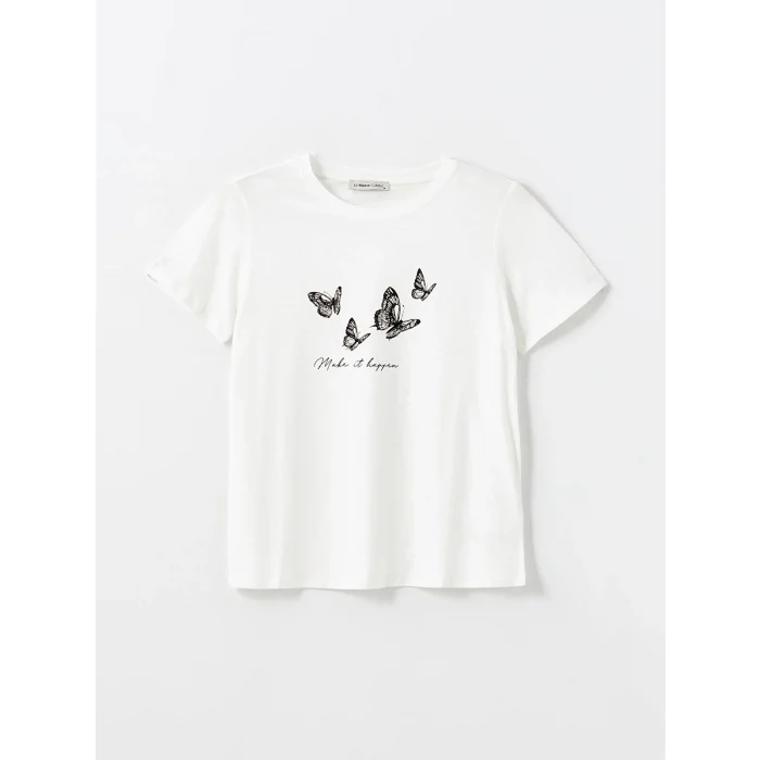 LCWAIKIKI Classic Ekru Bisiklet Yaka Baskılı Kadın Tişört