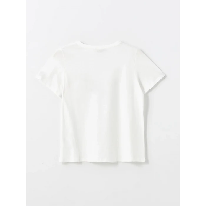 LCWAIKIKI Classic Ekru Bisiklet Yaka Baskılı Kadın Tişört