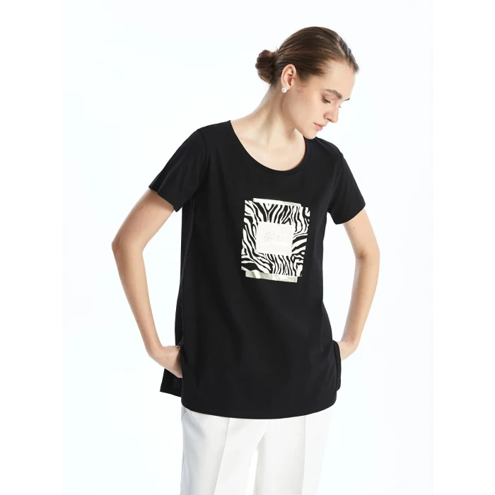 LCWAIKIKI Classic Siyah Bisiklet Yaka Baskılı Kadın Tişört