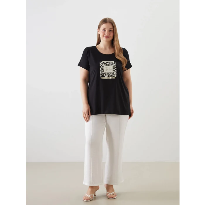 LCWAIKIKI Classic Siyah Bisiklet Yaka Baskılı Kadın Tişört