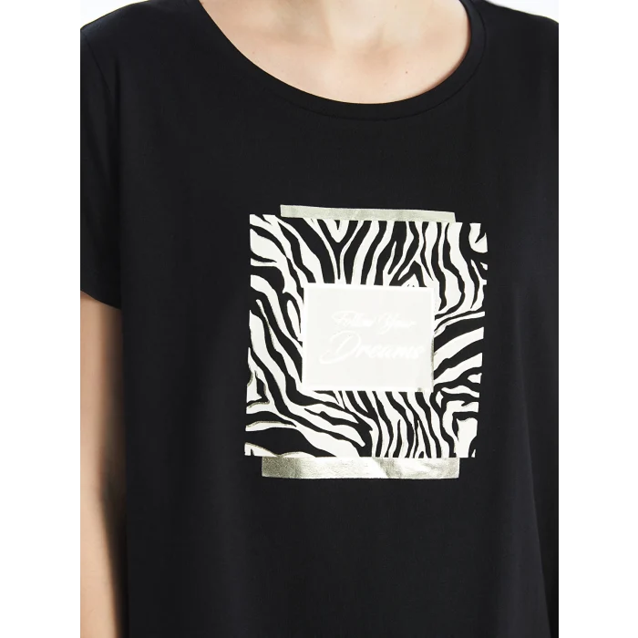 LCWAIKIKI Classic Siyah Bisiklet Yaka Baskılı Kadın Tişört