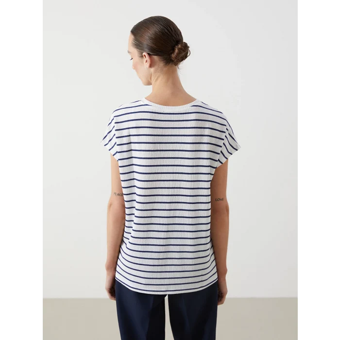 LCWAIKIKI Classic Lacivert Bisiklet Yaka Çizgili Kadın Tişört