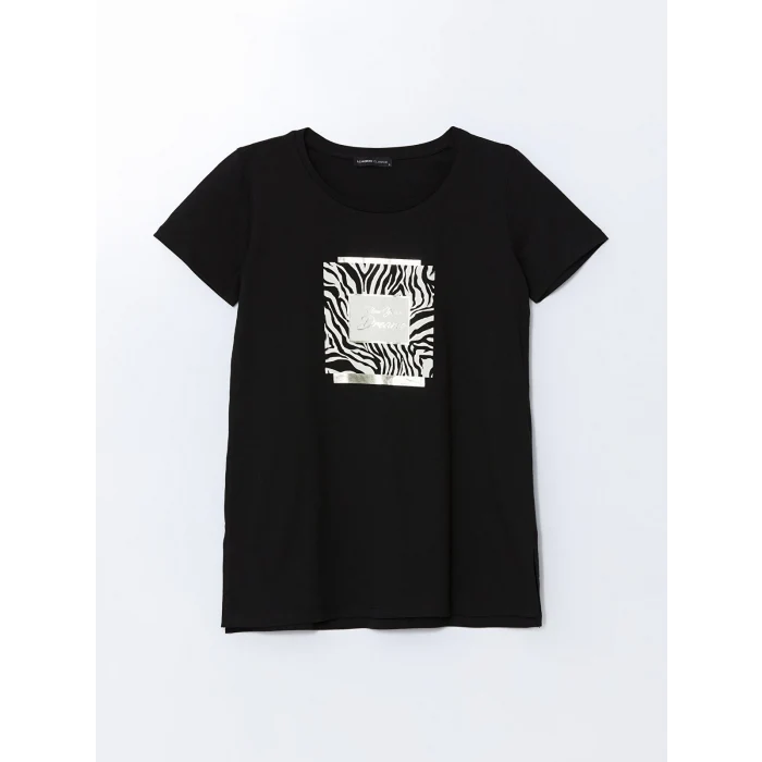 LCWAIKIKI Classic Siyah Bisiklet Yaka Baskılı Kadın Tişört