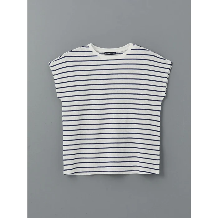 LCWAIKIKI Classic Lacivert Bisiklet Yaka Çizgili Kadın Tişört