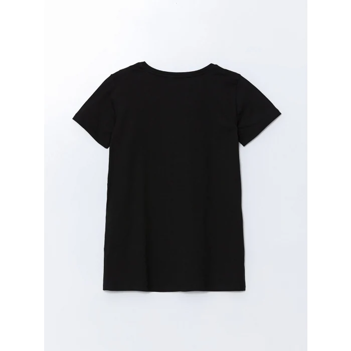 LCWAIKIKI Classic Siyah Bisiklet Yaka Baskılı Kadın Tişört