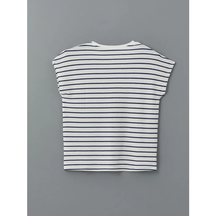 LCWAIKIKI Classic Lacivert Bisiklet Yaka Çizgili Kadın Tişört