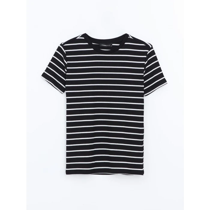 LCWAIKIKI Classic Siyah Bisiklet Yaka Çizgili Kadın Tişört