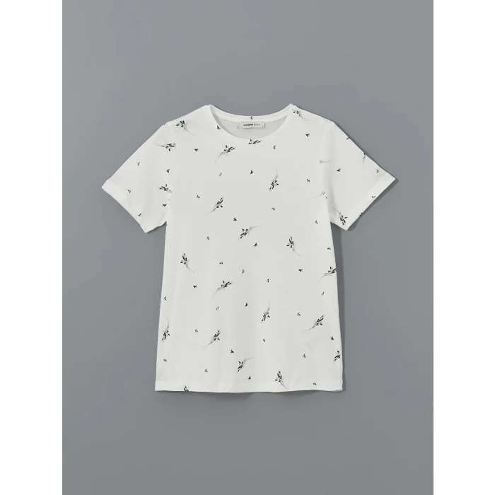 LCWAIKIKI Classic Ekru Bisiklet Yaka Desenli Kadın Tişört