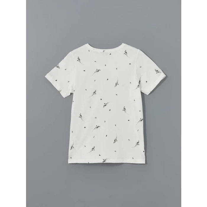 LCWAIKIKI Classic Ekru Bisiklet Yaka Desenli Kadın Tişört