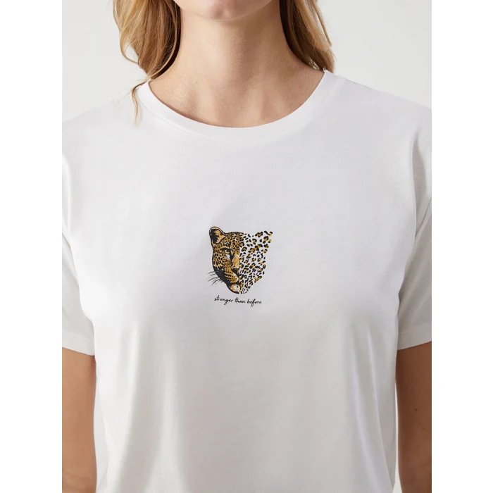 LCW Vision Ekru Bisiklet Yaka Leopar Baskılı Kadın Tişört