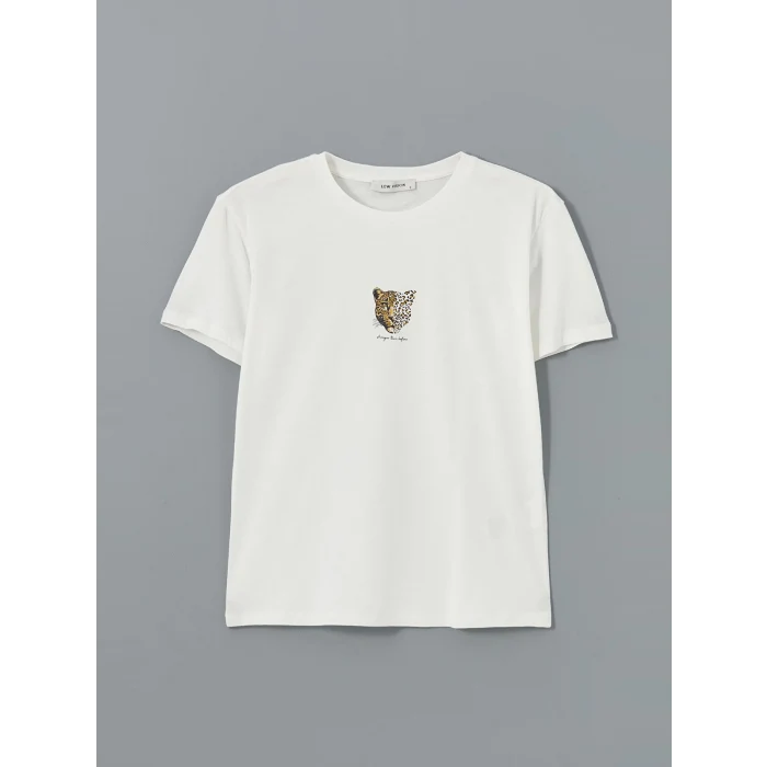 LCW Vision Ekru Bisiklet Yaka Leopar Baskılı Kadın Tişört