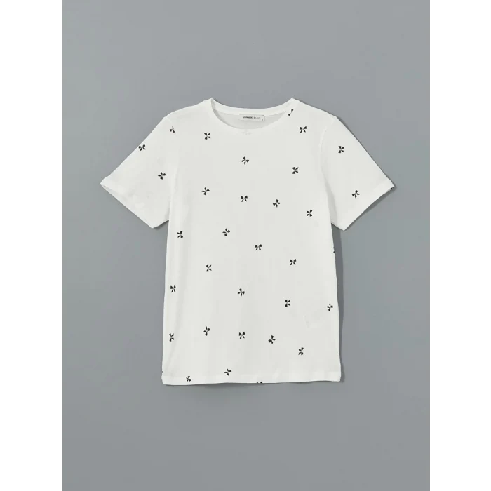 LCWAIKIKI Classic Ekru Bisiklet Yaka Desenli Kadın Tişört