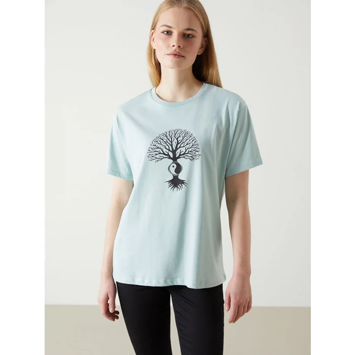 LCW Vision Turkuaz Bisiklet Yaka Baskılı Kadın Tişört